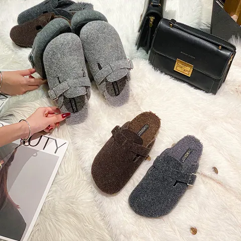 Women Wool Felt Clogs Faux Fur Lined Mules Adjustable Metal Buckle Warm Winter Slip On Shoes Casual Cork Sole Footwear