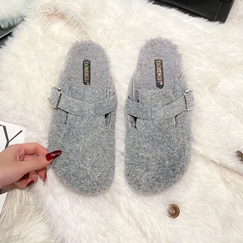 Women Wool Felt Clogs Faux Fur Lined Mules Adjustable Metal Buckle Warm Winter Slip On Shoes Casual Cork Sole Footwear