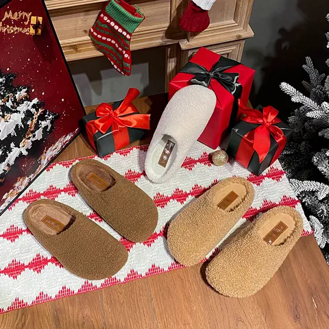 Women's Lambswool Fleece Closed Toe Slippers Warm Winter Mules Comfort Slip On Loafers Anti Slip Indoor Outdoor House Shoes