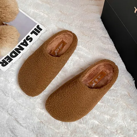 Women's Lambswool Fleece Closed Toe Slippers Warm Winter Mules Comfort Slip On Loafers Anti Slip Indoor Outdoor House Shoes