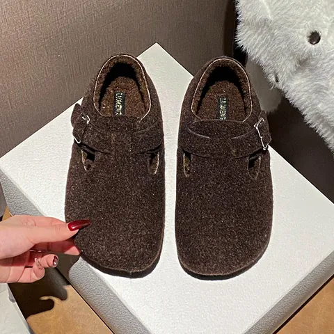 Women Warm Felt Clogs With Metal Buckle Round Toe Inner Heightening Slip-on Mules Winter Indoor Outdoor Casual Shoes