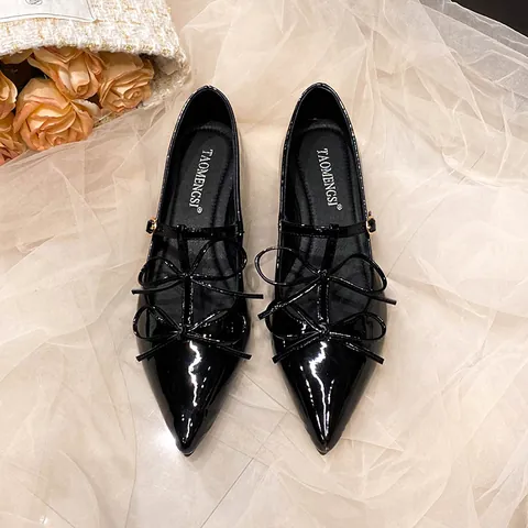 Elegant Women Pointed Toe Mary Jane Flats Patent Leather Bow Tie T-Strap Buckle Party Wedding Banquet Fashion Shoes