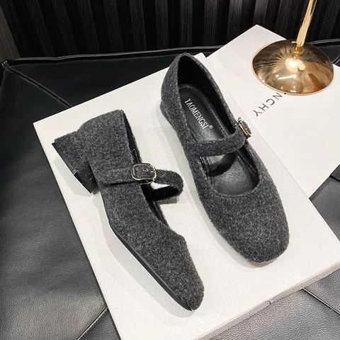 Vintage Square Toe Mary Jane Shoes For Women Low Block Heel Buckle Strap Woolen Felt Comfortable Casual Office Dress Shoes
