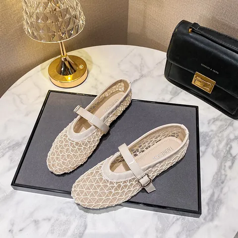 Women Mesh Hollow Out Mary Jane Flats Breathable Round Toe French Vintage Ballet Shoes Black White Summer Casual Slip On Flat Shoes