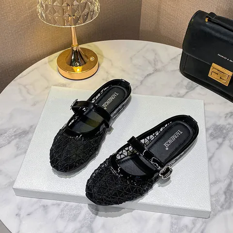 Women Mesh Mary Jane Flat Shoes Breathable Hollow Out Round Toe Mules Casual Microfiber Slip On Walking Footwear