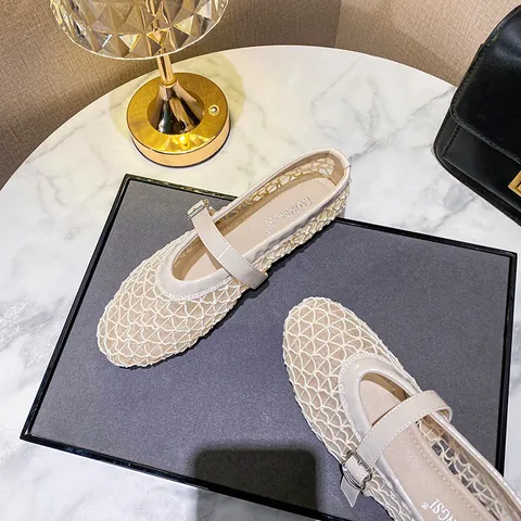 Women Mesh Hollow Out Mary Jane Flats Breathable Round Toe French Vintage Ballet Shoes Black White Summer Casual Slip On Flat Shoes