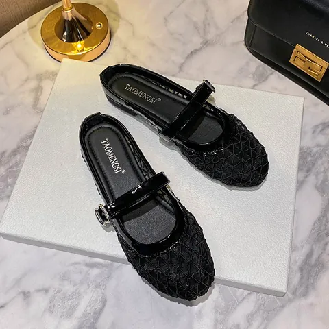 Women Mesh Mary Jane Flat Shoes Breathable Hollow Out Round Toe Mules Casual Microfiber Slip On Walking Footwear