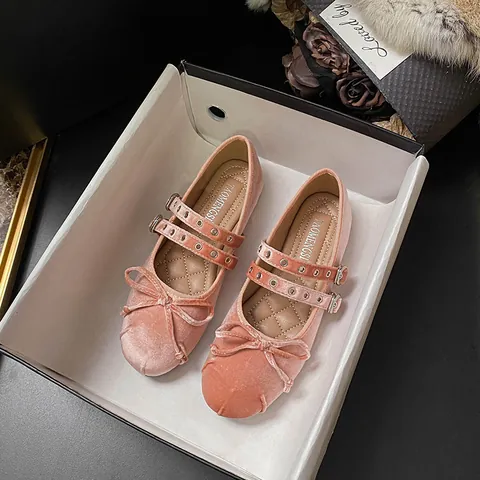 Vintage Velvet Mary Jane Shoes For Women Double Buckle Strap Bowknot Flat Casual Round Toe French Style Daily Single Shoes