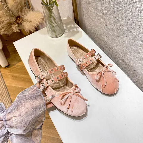 Women's Retro Velvet Mary Jane Flat Shoes Double Strap Metal Buckle Bow Round Toe Soft Sole Ballet Flats French Style Sweet Casual Single Shoes