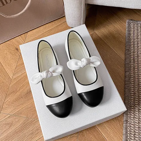 Women's French Retro Mary Jane Flats Bowknot Color Block Round Toe Comfortable Microfiber Leather Casual Single Shoes