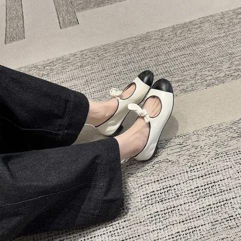 Women's French Retro Mary Jane Flats Bowknot Color Block Round Toe Comfortable Microfiber Leather Casual Single Shoes