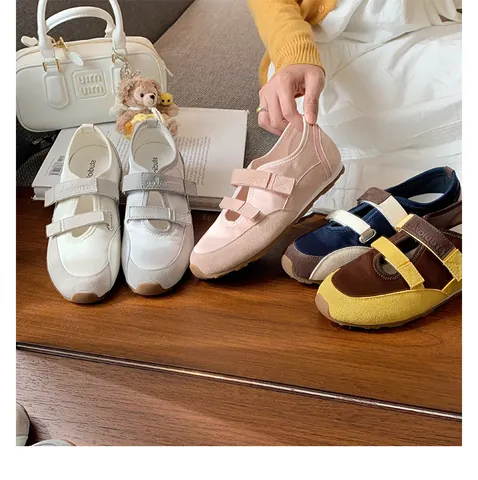 Women's Sporty Mary Jane Flats Retro Color Blocking Genuine Cow Leather Satin Fabric Breathable Double Velcro Soft Sole Casual Walking Shoes