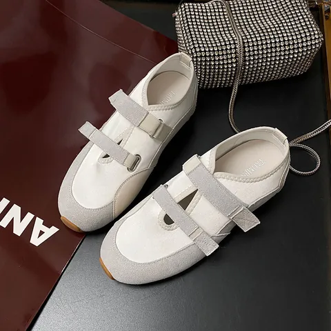 Women's Mary Jane Casual Sneakers Retro Color Block Cowhide Microfiber Flat Shoes Dual Hook and Loop Straps Lightweight Comfortable Rubber Sole