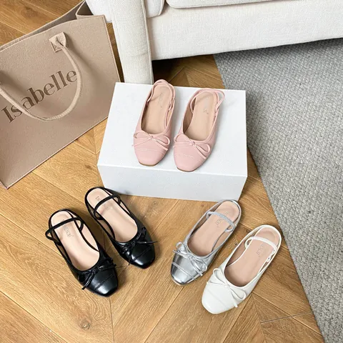 Women's Square Toe Bow Ballet Flats Microfiber Slip On Mary Jane Mules Low Heel Slingback Shoes For Daily Wedding Party