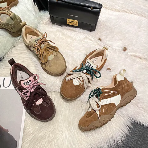 Women Genuine Leather Thick Sole Platform Sneakers Retro Casual Heightening Non-slip Fashion Board Shoes Khaki Brown Apricot