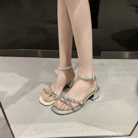 French Rhinestone Chunky Heel Sandals Square Toe Ankle Strap Block Heel Sandals Wedding Party Dress Shoes Elegant Office