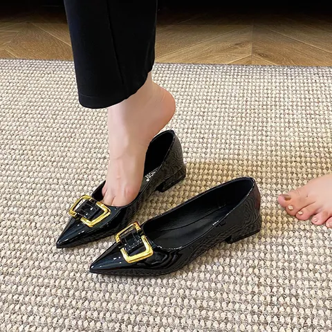 Women's Pointed Toe Patent Leather Flats Square Metal Buckle Low Heel Office Commuter Shoes Black Red Elegant Work Footwear