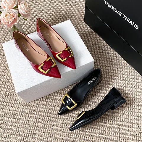 Women's Pointed Toe Patent Leather Flats Square Metal Buckle Low Heel Office Commuter Shoes Black Red Elegant Work Footwear