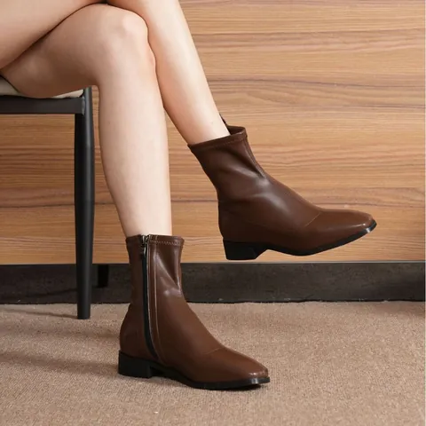 Women's Square Toe Side Zipper Ankle Boots Low Chunky Heel Faux Leather Casual Fashion Solid Color Autumn Winter Short Booties