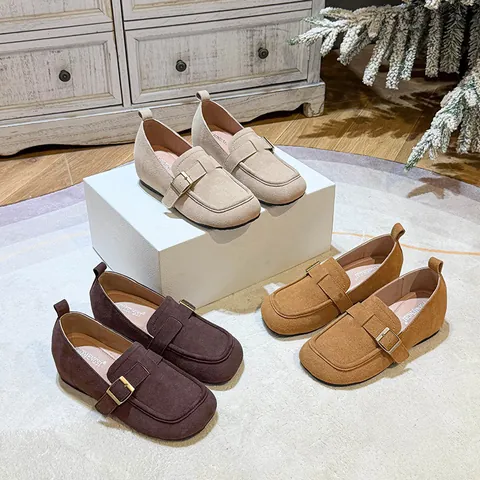 Women Retro Suede Genuine Leather Loafers Round Toe Buckle Strap Inner Height Increasing Platform Flats Casual Slip On Shoes