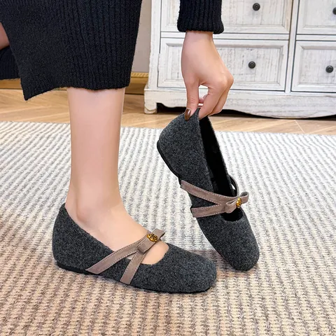 Zapatos Mary Jane Vintage para Mujer de Tela de Lana Con Aumento de Altura Interna Hebilla de Rosa Dorada Zapatos Forrados de Felpa