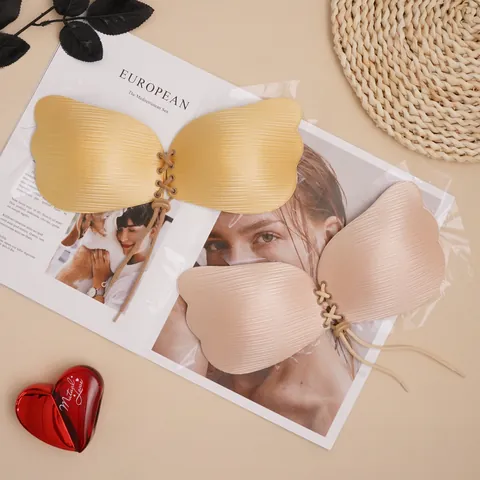 Sujetador Invisible de Silicona Sexy para Mujer Forma de Ala Autoadhesivo Push Up con Cordón Sin Tirantes para Vestido de Boda