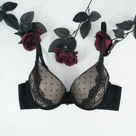 Damen Französischer Stil Spitze BH Mit Bügel Push-Up Punktemuster Netz Bestickte Sexy Angepasste Lingerie Schwarz