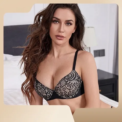 Damen Sexy Schwarz Blumen Spitze Push Up BH Mit 3/4 Cup Bügel Abnehmbare Träger Atmungsaktive Polyamid Unterwäsche