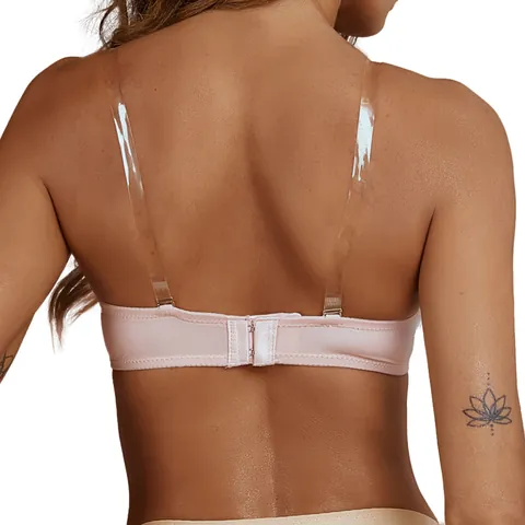 Damen Nahtloser Tiefer V-Ausschnitt Push Up BH Kabellos Unsichtbare Transparente Abnehmbare Träger Wellenkante Nylon Elastan Lingerie