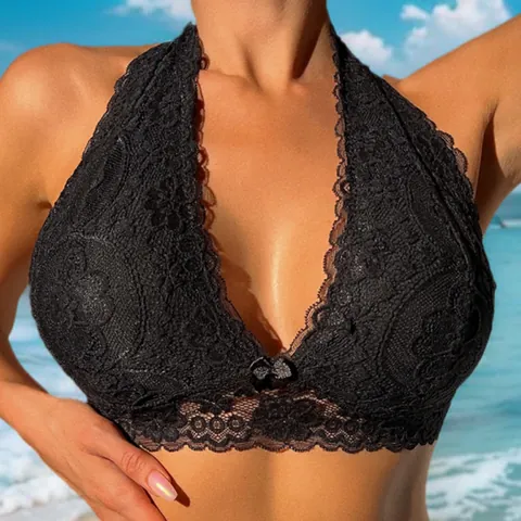 Women Sexy Lace Halter Bralette Wireless Push Up Bra Floral Embroidery Scalloped Edge Hollow Out Bow Decor Backless Top