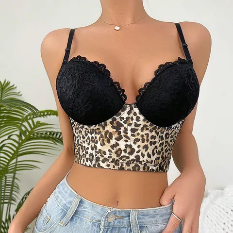Soutien-gorge Bustier pour Femmes Imprimé Léopard et Dentelle Sexy Mélange Polyamide Coton Bretelles Réglables Push Up