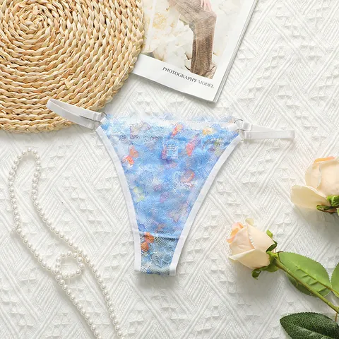 Γυναικείο Σέξι Δαντελωτό Θονγκ G-String Διαφανές Κεντημένο με Λουλούδια και Πεταλούδες Χαμηλόμεσο Εσώρουχο Ρυθμιζόμενο