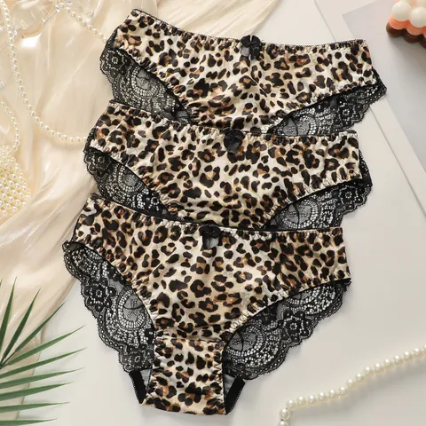 Damen Sexy Leopard Print Spitzenbesatz Unterwäsche Nahtlose Atmungsaktive Polyamid Mittlere Taille Höschen Mit Schleife Dekorativ