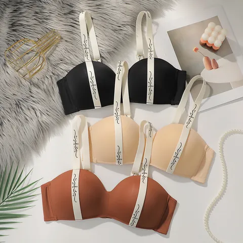 Reggiseno Senza Cuciture da Donna in Nylon Spandex Push Up Supporto Laterale Con Spalline Stampate Nero Caffè Beige