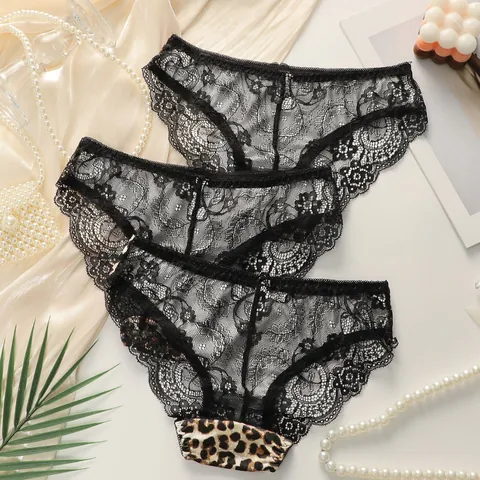 Damen Sexy Leopard Print Spitzenbesatz Unterwäsche Nahtlose Atmungsaktive Polyamid Mittlere Taille Höschen Mit Schleife Dekorativ