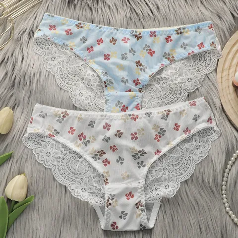 Bragas De Malla Transpirables De Cintura Media Con Estampado De Lazo Y Motivo Floral Borde De Encaje Nylon Elastano Ropa Interior