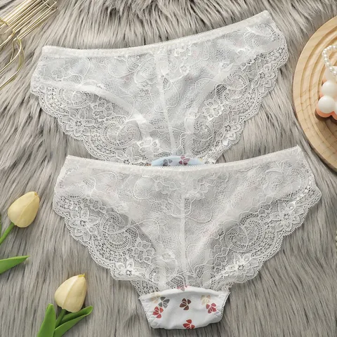 Bragas De Malla Transpirables De Cintura Media Con Estampado De Lazo Y Motivo Floral Borde De Encaje Nylon Elastano Ropa Interior