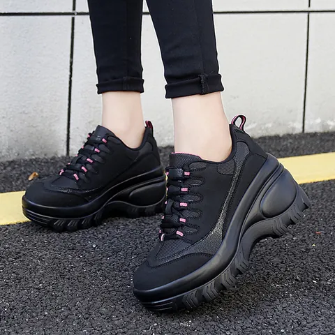 Women Chunky Sneakers Platform Dad Shoes Height Increasing Breathable Mesh Patchwork Casual Outdoor Walking Footwear Black Red