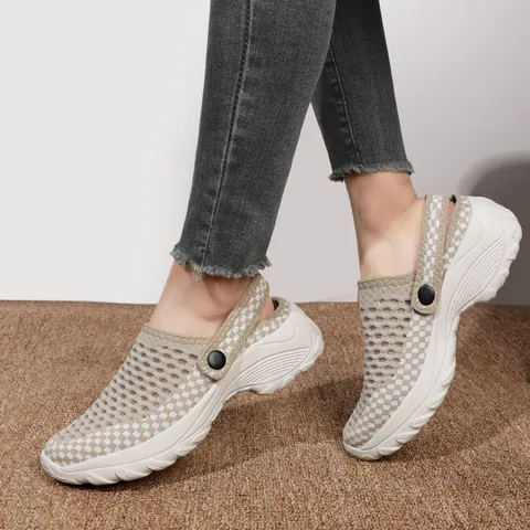 Sandalias de Plataforma Casual para Mujer de Malla Fly-Knit Transpirables Zuecos con Correa de Dos Vías Patrón de Tablero de Ajedrez