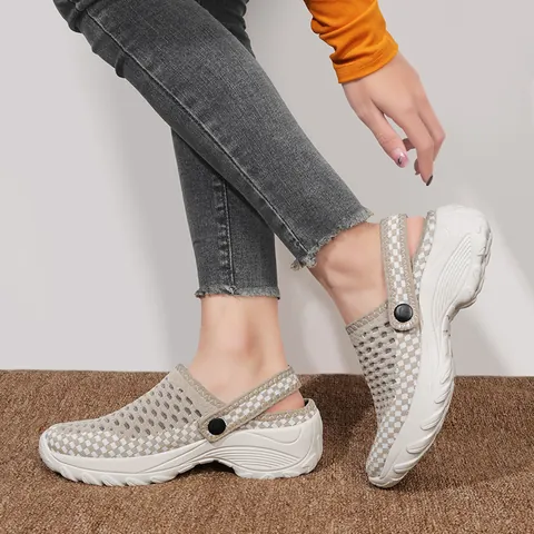 Sandalias de Plataforma Casual para Mujer de Malla Fly-Knit Transpirables Zuecos con Correa de Dos Vías Patrón de Tablero de Ajedrez