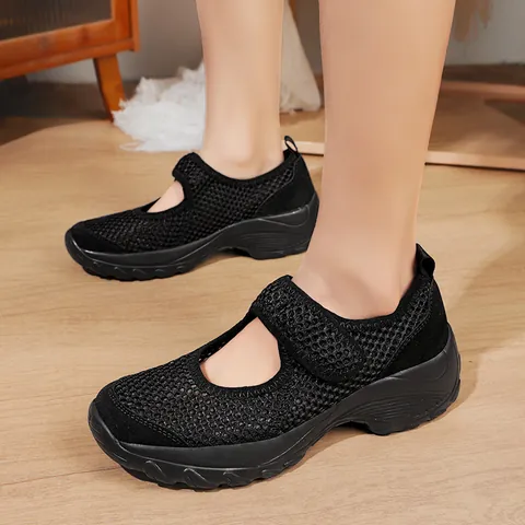 Women Mary Jane Casual Shoes Breathable Mesh Pigskin Suede Thick Sole Sneakers Velcro Closure Lightweight Walking Shoes