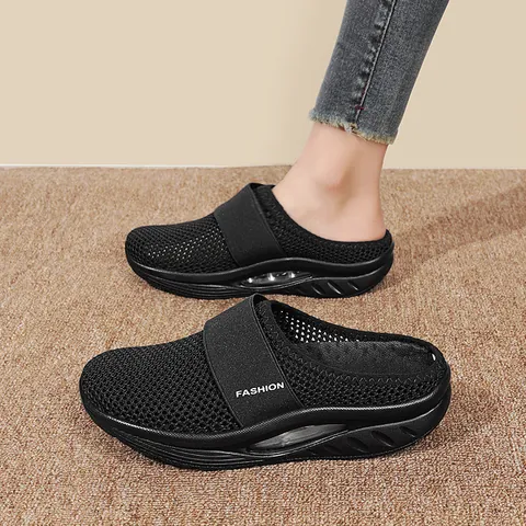 Women's Mesh Breathable Mules Platform Sneaker Slides With Air Cushion Casual Walking Shoes Lightweight Comfortable Slip On Footwear