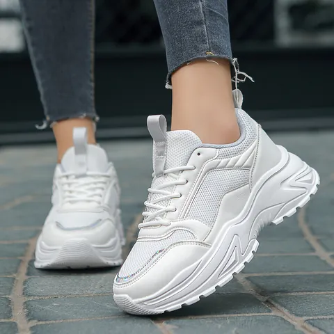 Women White Chunky Sneakers Platform Dad Shoes Breathable Mesh Synthetic Leather Lightweight Non Slip Casual Walking Shoes