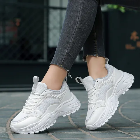 Women White Chunky Sneakers Platform Dad Shoes Breathable Mesh Synthetic Leather Lightweight Non Slip Casual Walking Shoes
