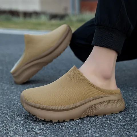 Unisex Warm Knitted Mules Thick Sole Platform Hiking Slippers Fleece Lined Fly Woven Heightening Casual Shoes For Men Women Autumn Winter