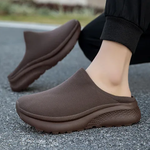 Unisex Warm Knitted Mules Thick Sole Platform Hiking Slippers Fleece Lined Fly Woven Heightening Casual Shoes For Men Women Autumn Winter