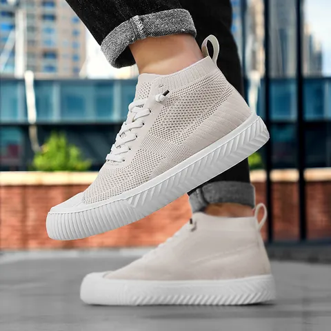 Men Women Casual High Top Sneakers Breathable Fly-knit Board Shoes Lightweight Anti-slip Comfortable Fashion Sports Walking Shoes