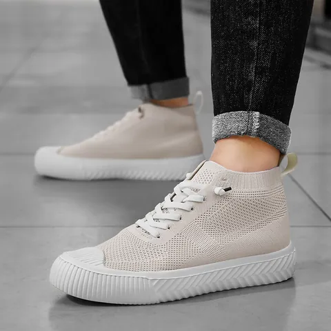 Men Women Casual High Top Sneakers Breathable Fly-knit Board Shoes Lightweight Anti-slip Comfortable Fashion Sports Walking Shoes