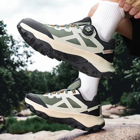 Men Outdoor Hiking Shoes Breathable Mesh Sneakers With Rotary Knob Buckle Lacing System Anti Slip Lightweight Trail Running Sport Shoes