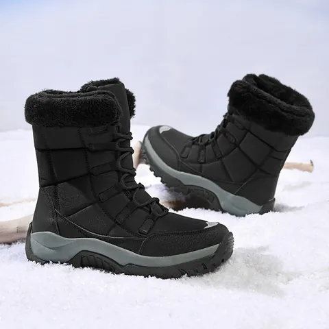 Damen Winter Schneestiefel Warm Fleece Gefüttert Mittelhohe Stiefel Wasserdichtes Oxford-Gewebe Rutschfeste Dicke Sohle Outdoor-Wanderschuhe